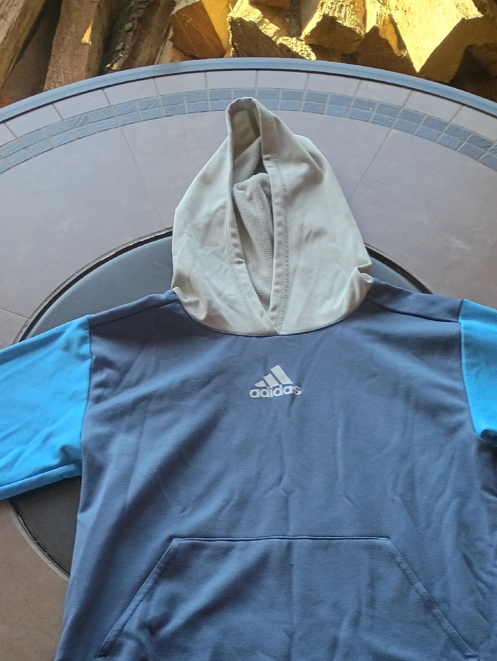 adidas Blue Hoodie with Light Gray Hood and Sky Blue Sleeves